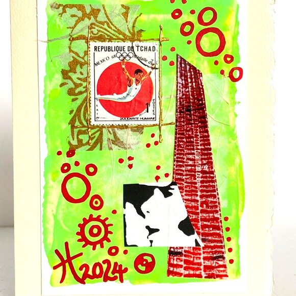 Collage Art Handmade Original Blank Greeting Card and Envelope Vtg Chad Stamp - Picture 1 of 5